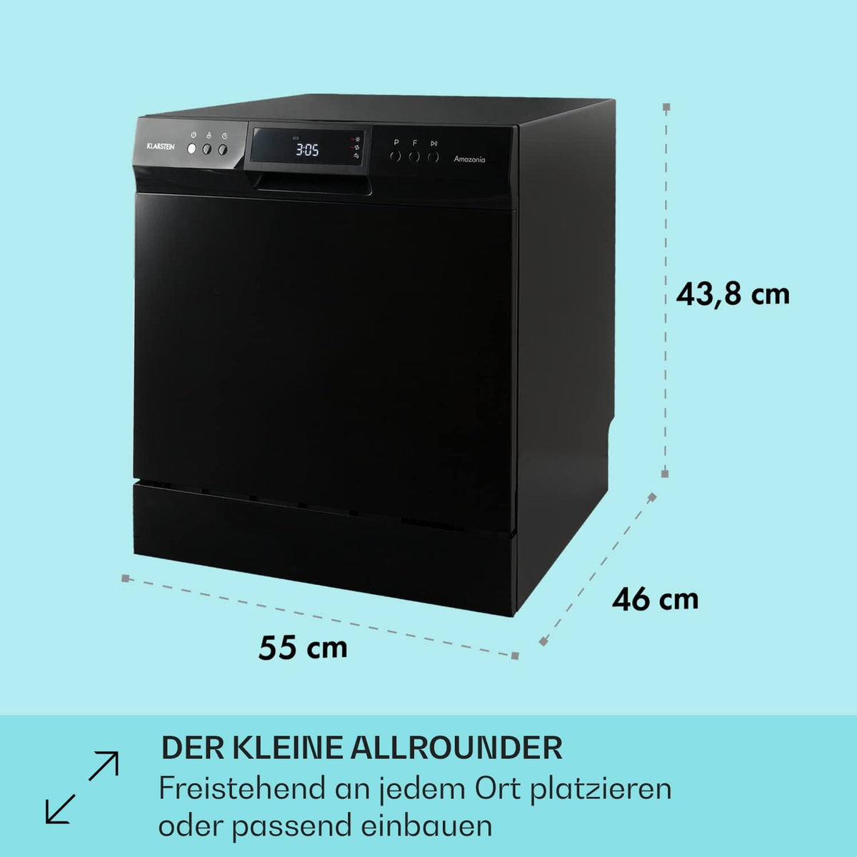 Klarstein  ia 8 - Spülmaschine, Geschirrspüler, Freistehend, Teilintegriert, F, 55 cm breit, 8 Maßgedecke, 6 Programme, Aquastop, silber