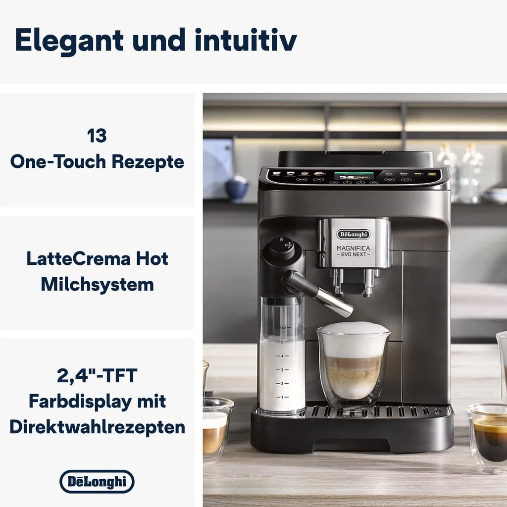 De'Longhi Magnifica Evo ECAM 292.81.B Kaffeevollautomat mit LatteCrema Milchsystem, 7 Direktwahltasten für Cappuccino, Espresso und weitere Kaffeespezialitten, 2-Tassen-Funktion, Schwarz