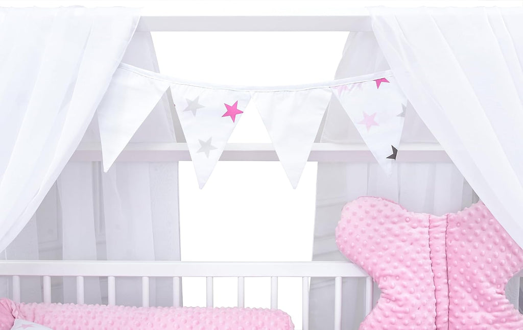 Baby Delux Babybett Komplett Set Hausbett 60x120 cm weiß Schublade Rausfallschutz Kinderbett Matratze Bettwäsche Deko Set (Prince Stars)
