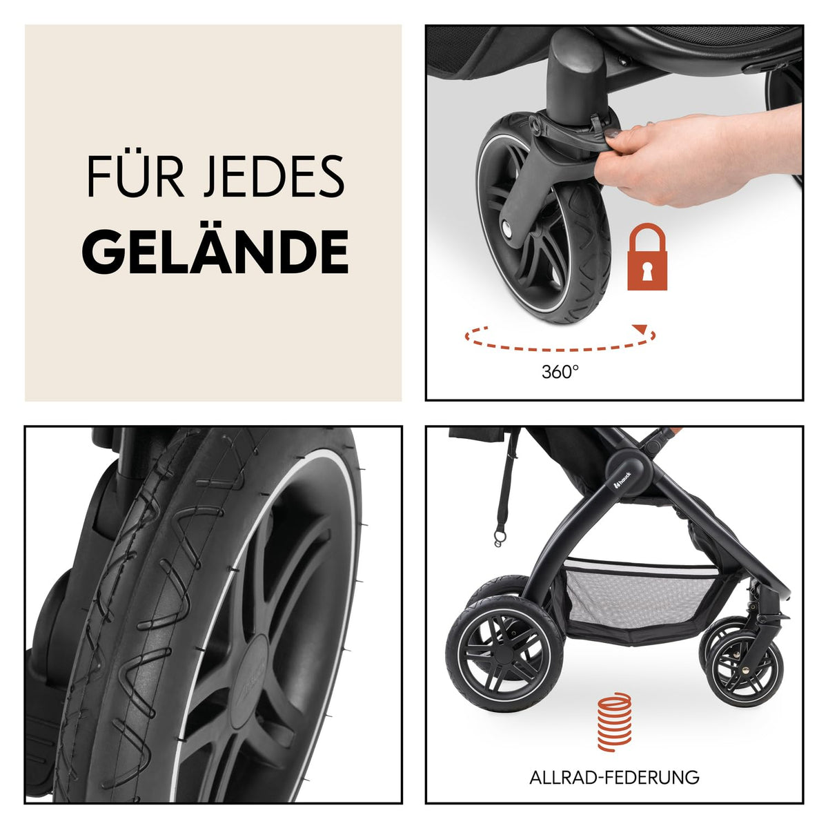 Hauck Uptown Kinderwagen Melange Rose – Kinderwagen für jedes Gelände, extra großer Sitz, flache Liegeposition, Gummiräder, Federung, kompakt und einfach zusammenklappbar, mit Regenschutz
