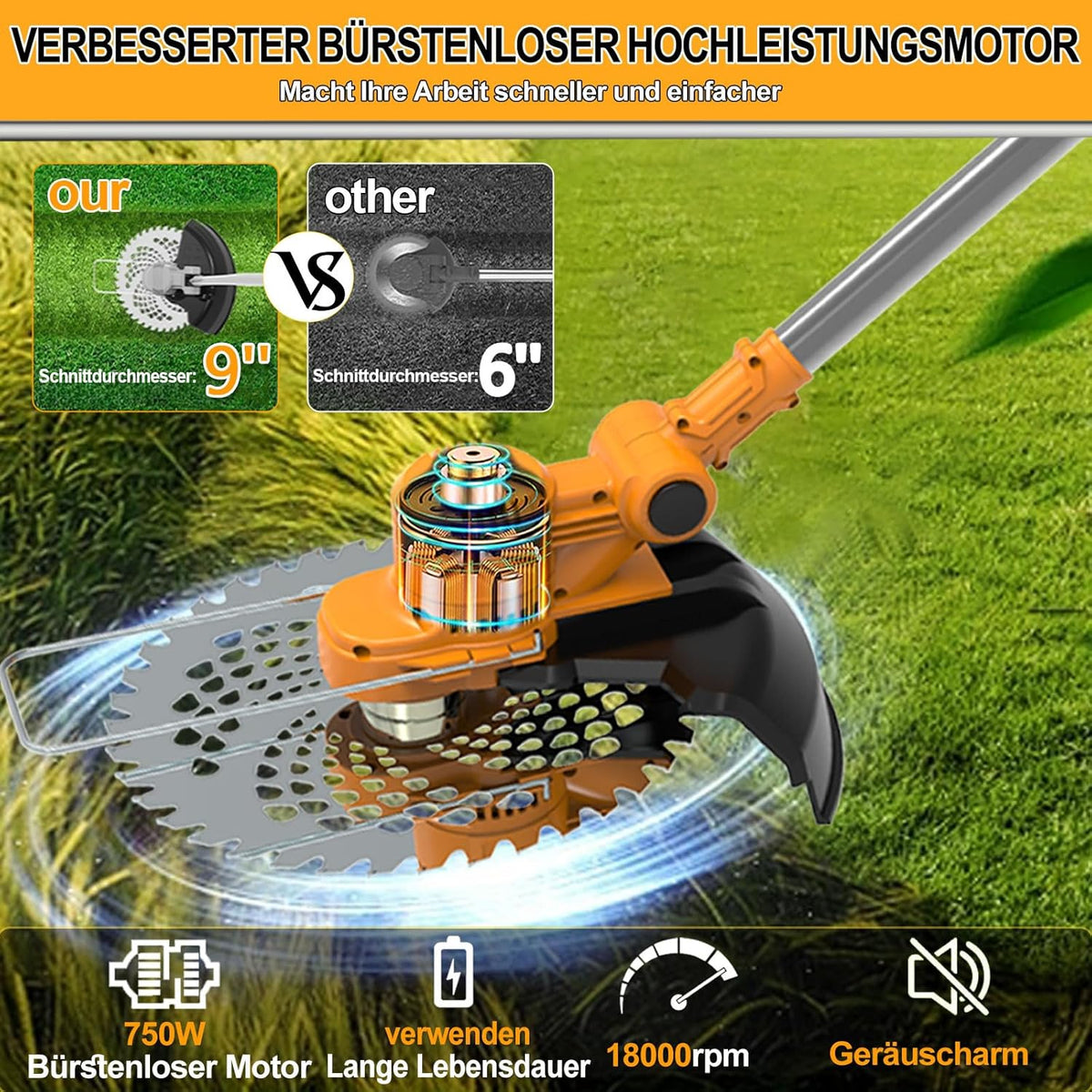 Akku Rasentrimmer mit Akku und Unkrautbürste 4 in 1 Freischneider mit Unkrautbürste 21V Bürstenloser Freischneider, Elektro Motorsense mit 2 Akku 4.0Ah und Ladegerät Teleskop, Verstellbarer, Orange