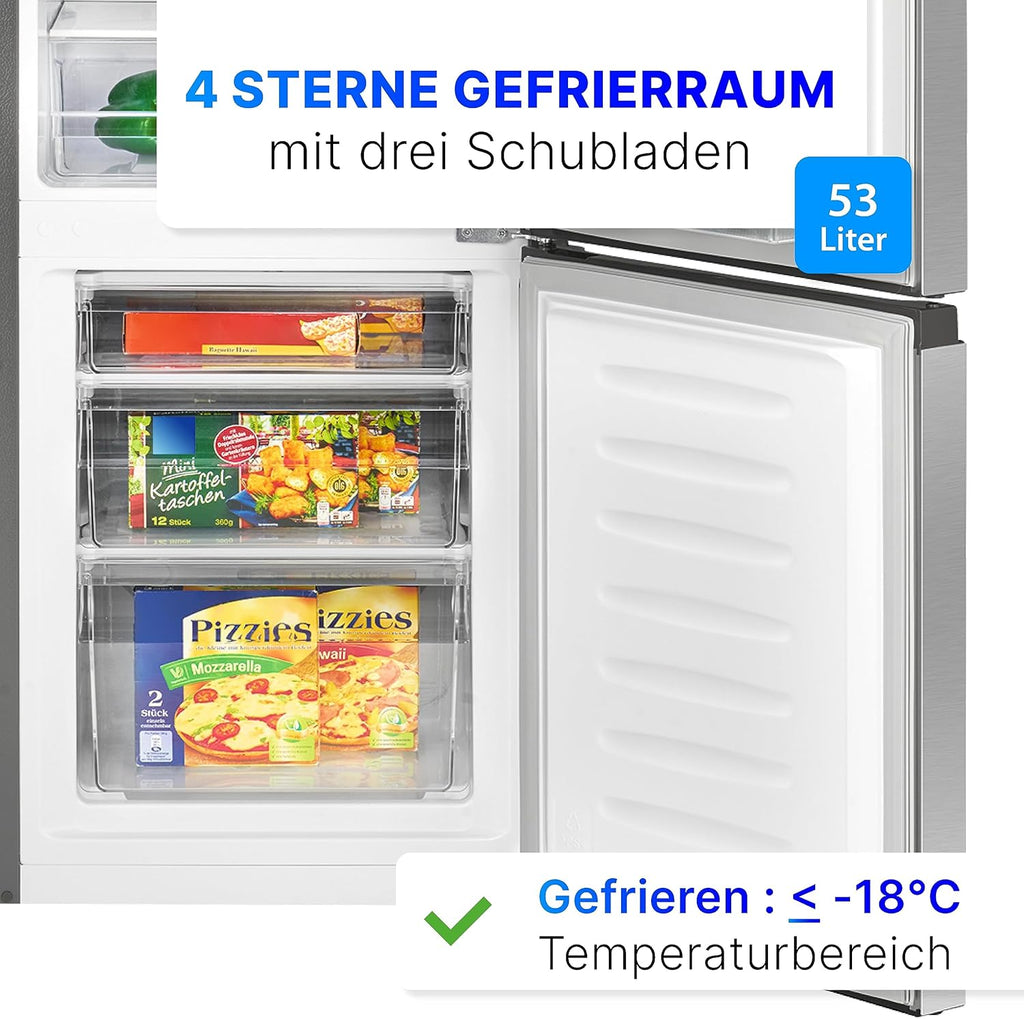Bomann® Kühlschrank mit Gefrierfach 143cm hoch | Kühl Gefrierkombination 175L mit 3 Ablagen & 3 Schubladen | Türanschlag wechselbar | leise Kühlgefrierkombi 39db | Kühlschrank KG 322.1 inox-look