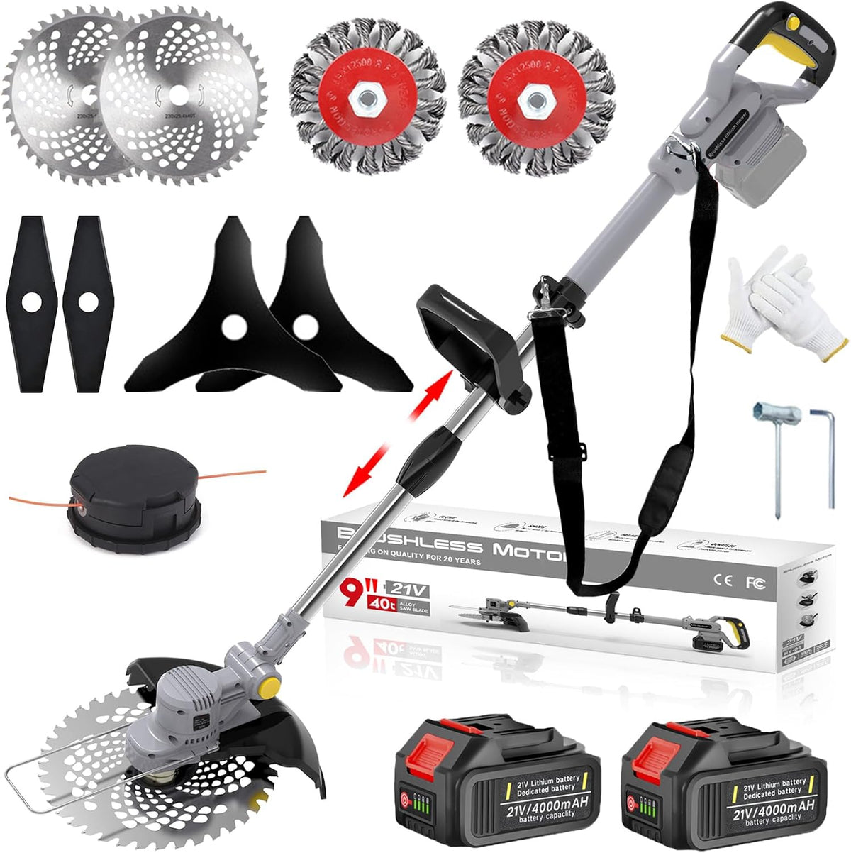 Akku Rasentrimmer mit Akku und Unkrautbürste, Rasentrimmer mit Akku mit 5 Klingentypen, 21 V Bürstenlose Freischneider Akku, mit 2 Akku 4.0Ah für Garden Trimmen (Grau)