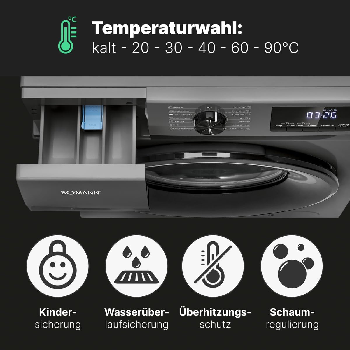 Bomann Waschmaschine 7kg | max. 1400 U/min | 10 Jahre Motor-Garantie | effizienter, leiser & langlebiger Invertermotor | 15 Programme | Endzeitvorwahl | LED-Display | Washing Machine | WA 7175 wei