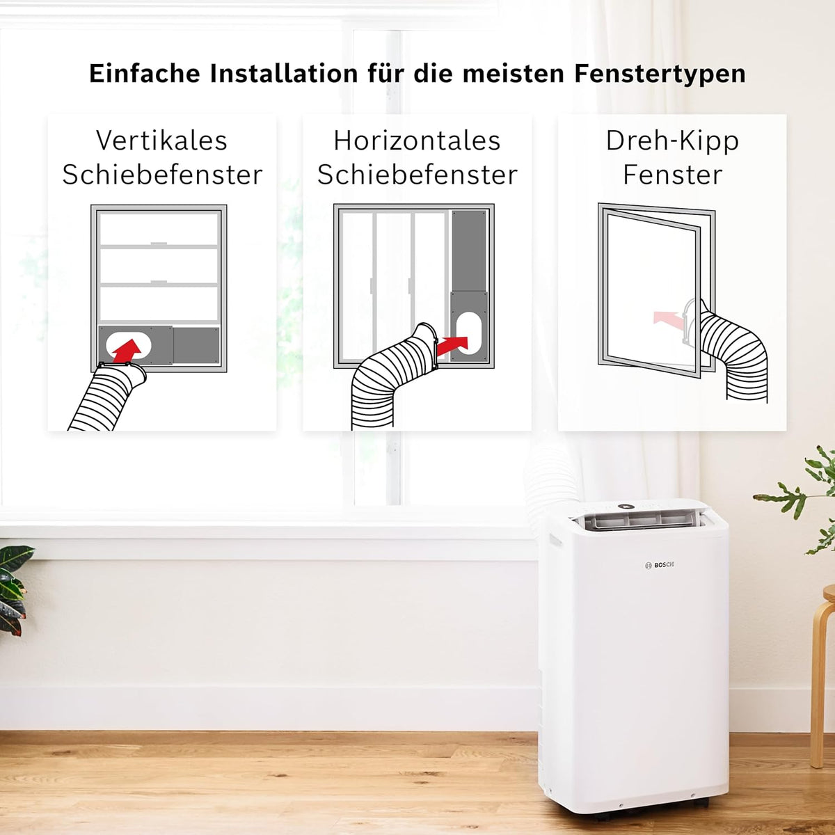 Bosch Cool 4000 Mobiles Klimagerät - 3-in-1: Klimagerät, Luftentfeuchter, Ventilator - 2,6 kW für Räume bis zu 35m² - Mit Auto-Modus, Silent-Modus & Sleep-Modus
