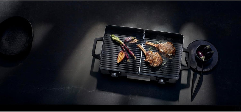 WMF Lono Master-Grill, Elektrogrill, 50x28 cm, Elektrogrill Tischgrill mit Windschutz und Auffangschale, Outdoorzertifiziert für Barbecue, 2 getrennt regulierbare Grillflächen, 2400 W, edelstahl matt