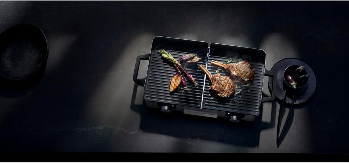 WMF Lono Master-Grill, Elektrogrill, 50x28 cm, Elektrogrill Tischgrill mit Windschutz und Auffangschale, Outdoorzertifiziert für Barbecue, 2 getrennt regulierbare Grillflächen, 2400 W, edelstahl matt