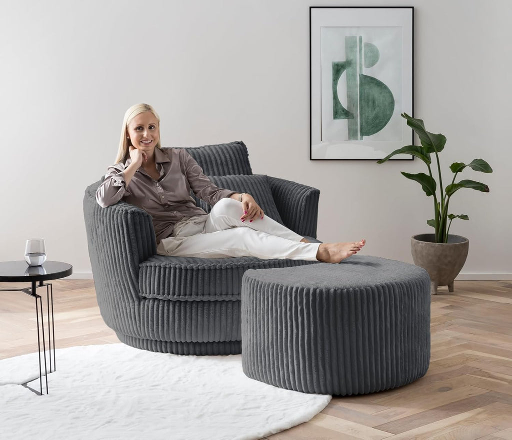 Sessel in grau Cord Stoff XL Drehsessel 360° drehbar inklusive 3 x Kissen Relaxsessel mit Fußhocker Comfy (Grau, Mit Hocker)