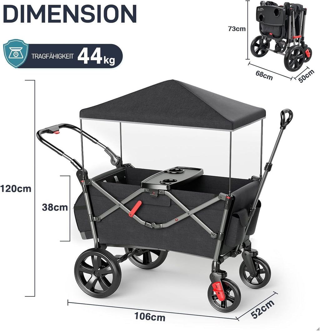 EVER ADVANCED Bollerwagen für 2 Kinder Faltbar mit Dach, Kinderwagen 2x5 Punkt Sicherheitsgurt mit Wickelrucksack, Bollerwagen mit Sitz, Handwagen Transportwagen, Ziehen & Schieben, Fußbremse