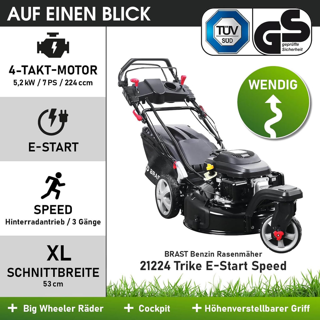 BRAST® Benzin Rasenmäher Trike mit Antrieb | 5,2kW(7PS) | 53cm Schnittbreite | viele Modelle | TÜV | 4 Takt OHV Motor | 30-80mm Schnitthöhe | 60L Fangkorb | Stahlgehäuse | Speed