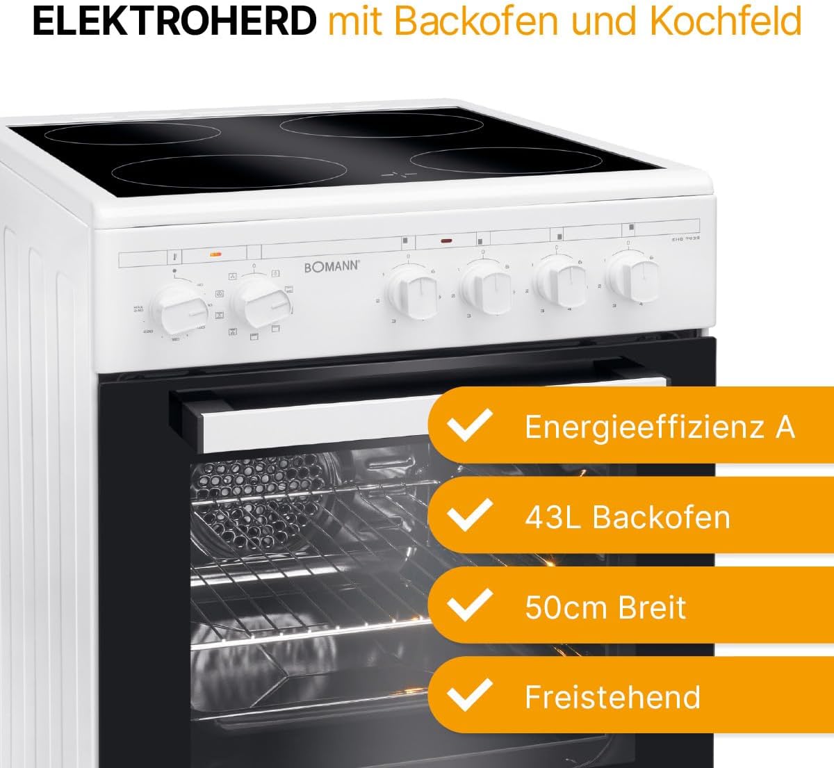 Bomann® Backofen 50cm mit Herd | Elektroherd freistehend 50 cm mit 4 Kochplatten | Standherd mit Ofen 43L | Ober-/Unterhitze | 40°C-240°C | inkl. Blech & Grillrost | Elektroherd mit Kochfeld EHC 7939
