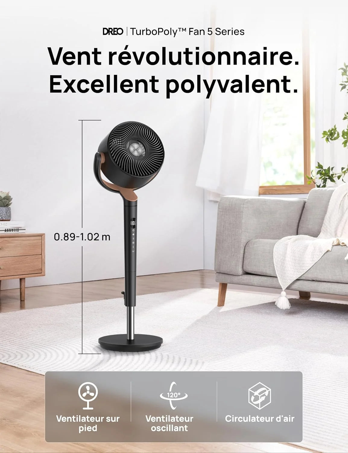 DREO ventilateur sur pied silencieux 20 dB avec oscillation omnidirectionnelle 120°+120°, portée du vent 26 m, débit d’air 1615 m³/h, circulateur Turbo, hauteur réglable 94–107 cm, 3 modes, 8 vitesses
