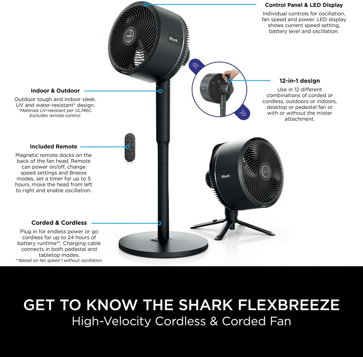 Shark FlexBreeze 2-in-1-Ventilator mit hoher Geschwindigkeit, Hybrid-Ventilator mit Kabel und kabellos, für den Innen- und Außenbereich, mit Fernbedienung, Neigung, verstellbar, UV-beständig und