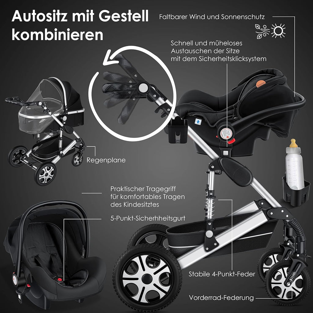 KESSER® Loops 3 in 1 Kinderwagen Kombikinderwagen Komplett-Set inkl. Babywanne & Buggy Sportsitz & Auto-Babyschale Voll-Gummireifen Wickeltasche Regenschutz Kindertisch ECE R129, Schwarz/Schwarz