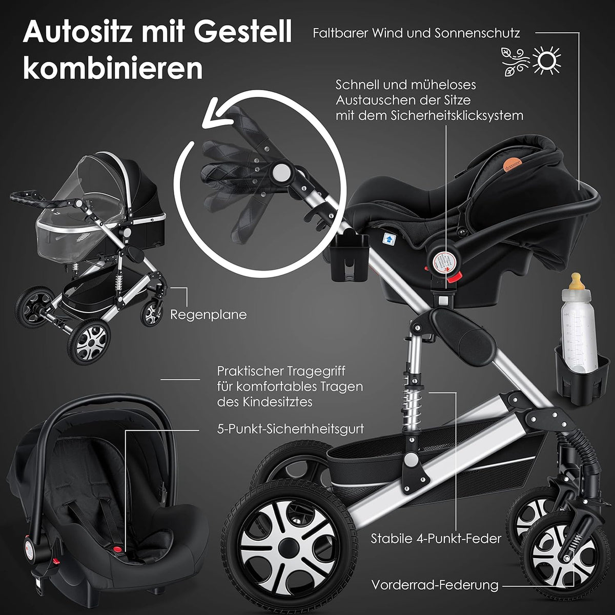 KESSER® Loops 3 in 1 Kinderwagen Kombikinderwagen Komplett-Set inkl. Babywanne & Buggy Sportsitz & Auto-Babyschale Voll-Gummireifen Wickeltasche Regenschutz Kindertisch ECE R129, Schwarz/Schwarz