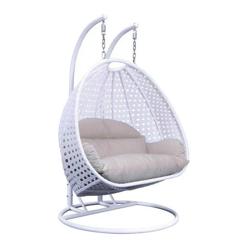 LeisureMod 2 Person Hanging Egg Chair with Stand - Outdoor/Indoor Rattan Wicker Patio Swing Hammock Lounger with Cushions