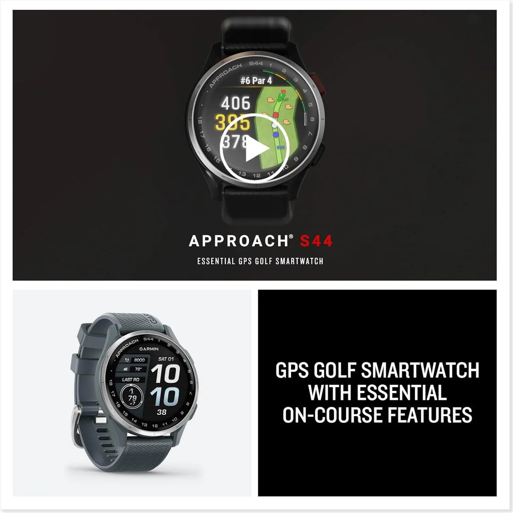 Garmin Approach S44 Essential Golf GPS Smartwatch Écran AMOLED Fonctionnalités sur Le Terrain Lunette en Aluminium argenté avec Bracelet en Silicone Noir