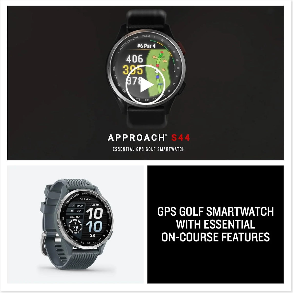 Garmin Approach S44 Essential Golf GPS Smartwatch Écran AMOLED Fonctionnalités sur Le Terrain Lunette en Aluminium argenté avec Bracelet en Silicone Noir