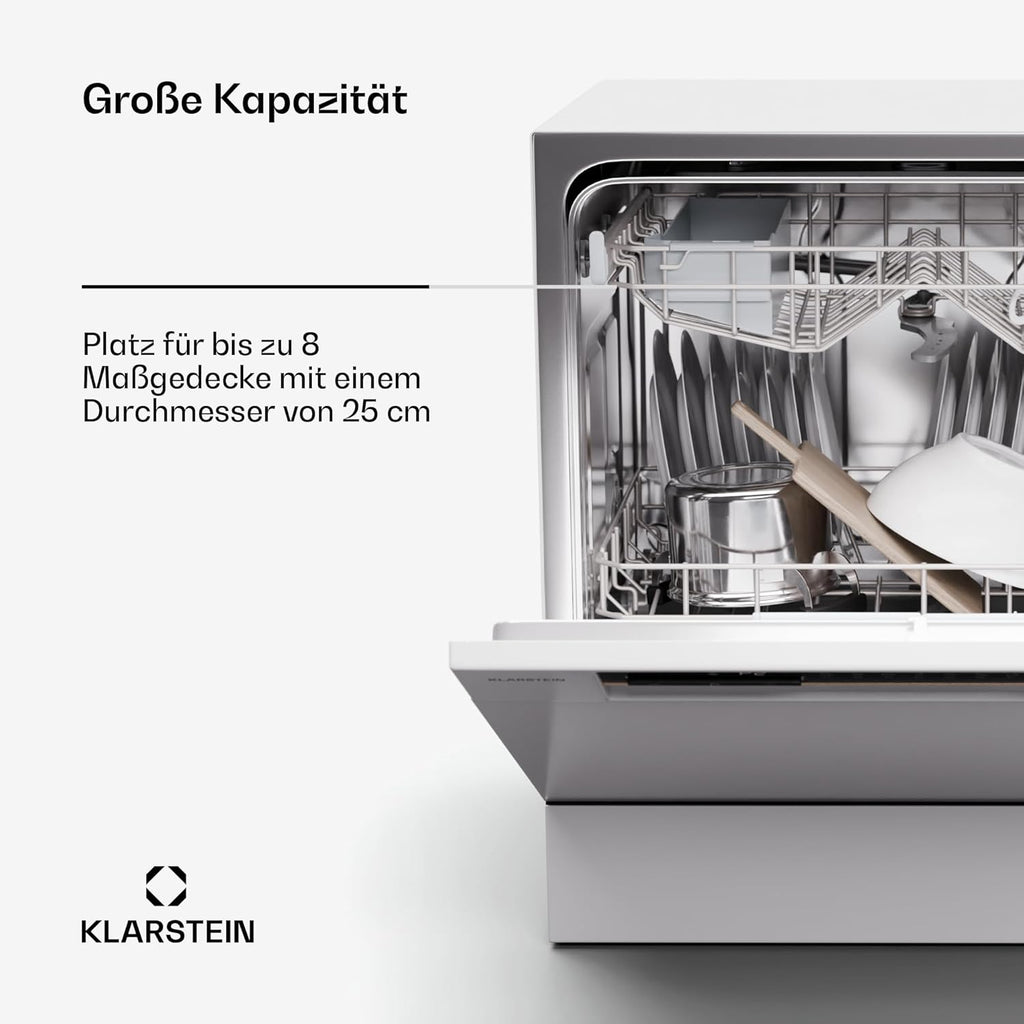 Klarstein ia 8 - Spülmaschine, Geschirrspüler, Freistehend, Teilintegriert, F, 55 cm breit, 8 Maßgedecke, 6 Programme, Aquastop, silber