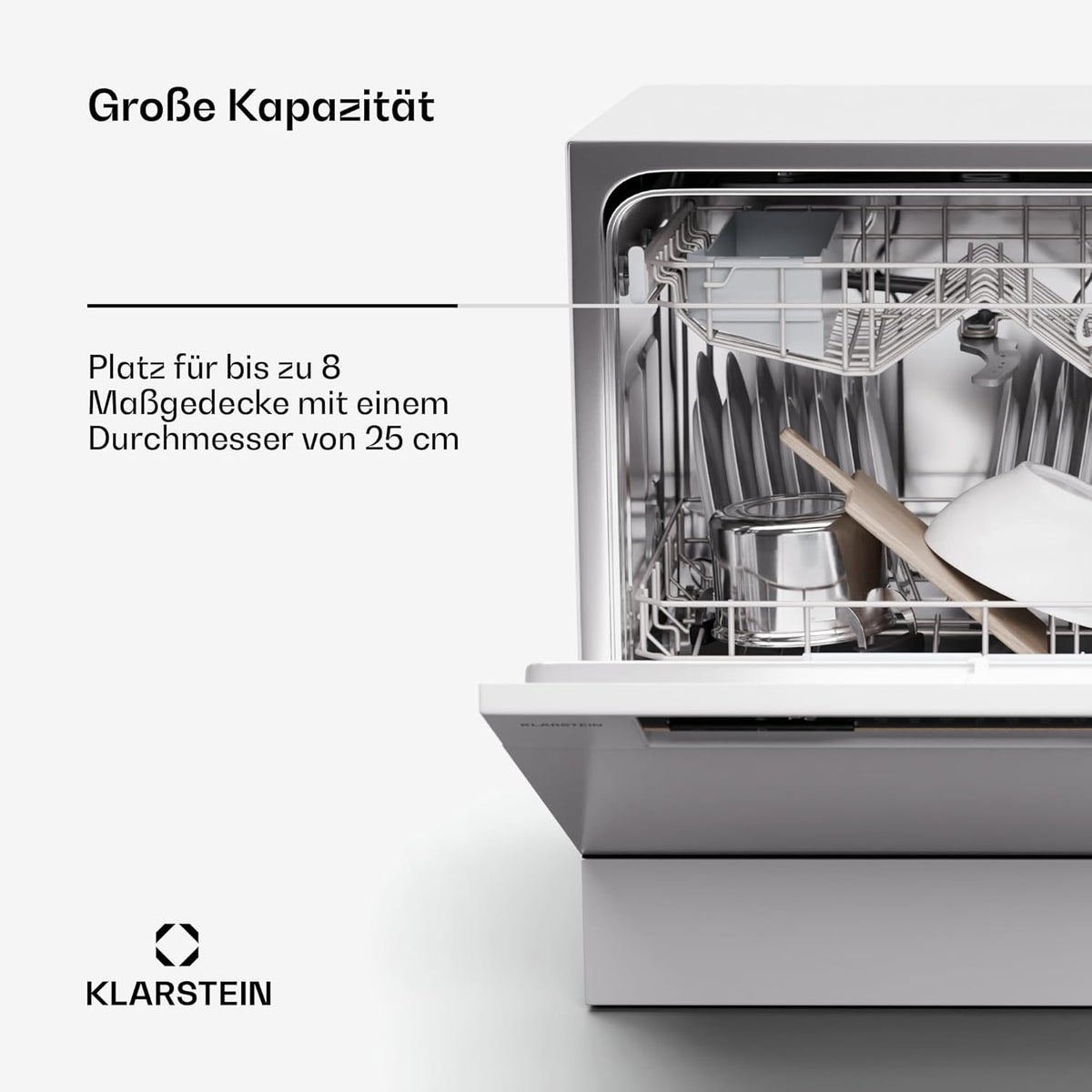 Klarstein ia 8 - Spülmaschine, Geschirrspüler, Freistehend, Teilintegriert, F, 55 cm breit, 8 Maßgedecke, 6 Programme, Aquastop, silber