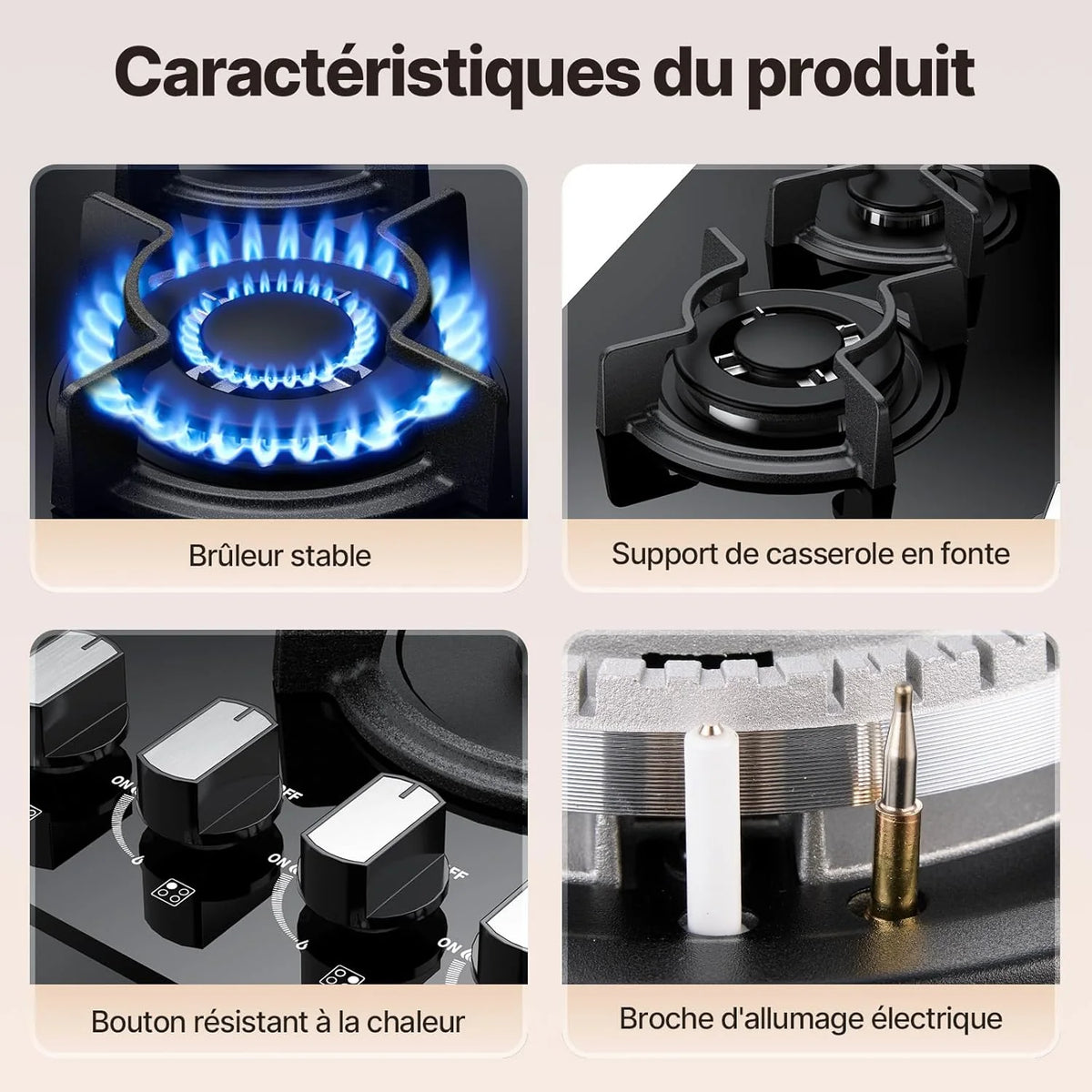 Plaque de Cuisson Gaz 4 Feuxs, Plaque Gaz 4 Feuxs Encastrable, Table de Cuisson 60cm, Grille Fonte, 7800W, Gazs Ville et Bouteille, Verre Noir