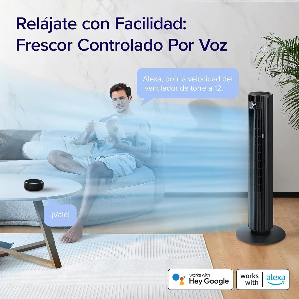 Ventilador de Torre LEVOIT 20dB con Control Remoto, 7.9 m/s con Motor DC, Ventilador Silencioso de 26W con Modo Sueño, 4 Modos y 12 Velocidades, Temporizador de 12H, Pantalla LED, Oscilación de 90°, Blanco