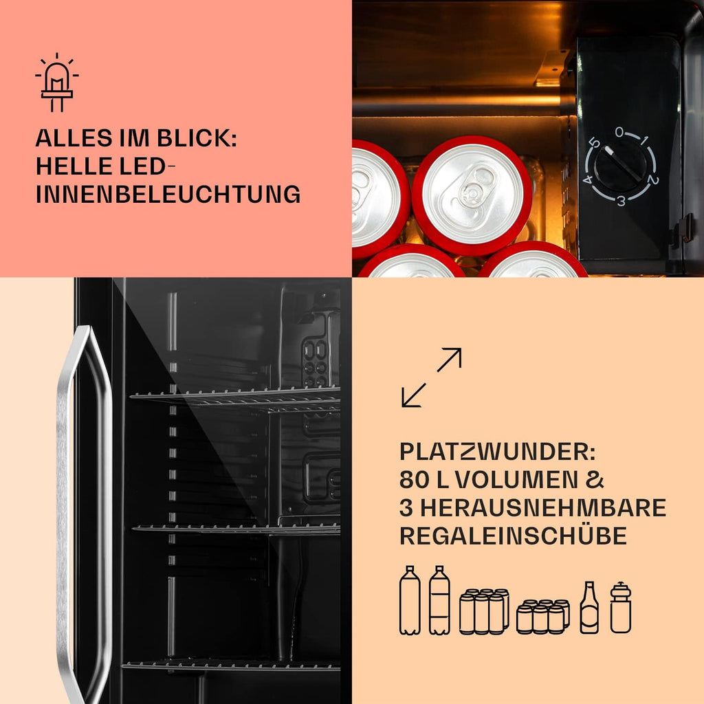 Klarstein Mini Kühlschrank mit Glastür für Zimmer, Getrnkekühlschrank mit Verstellbaren Ablagen, Kleiner 80 Liter, Indoor/Outdoor Kühlschrank Leise