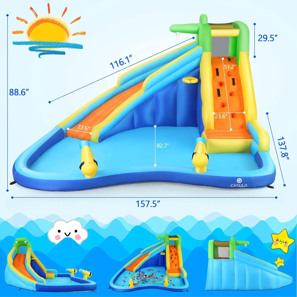 Aufblasbare Wasserrutschen für Kinder, 8-in-1-Hüpfburg-Wasserpark mit 450-W-Gebläse, Kletterwand, Planschbecken, 2 Wasserkanonen, Basketballkorb, Wasserrutsche, Krokodilsprinkler als Geschenk für eine Gartenparty