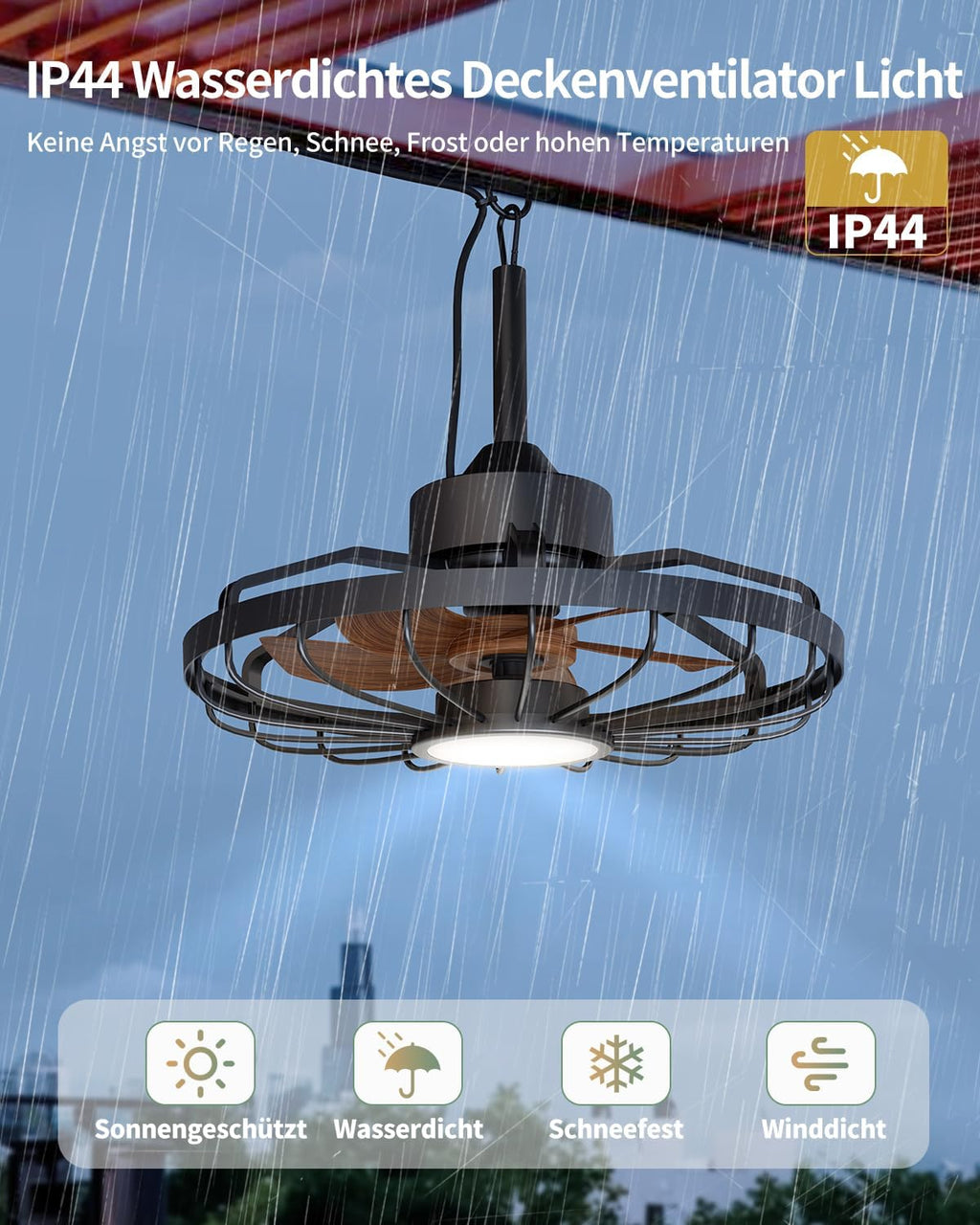 Deckenventilatorleuchte für den Außenbereich, Außenlicht mit Ventilator, IP44 Wasserdicht, 6 Lüftungsgeschwindigkeiten, mühelose Lichtdimmung, für Terrassen, Pergolen, Wohnzimmer, Esszimmer