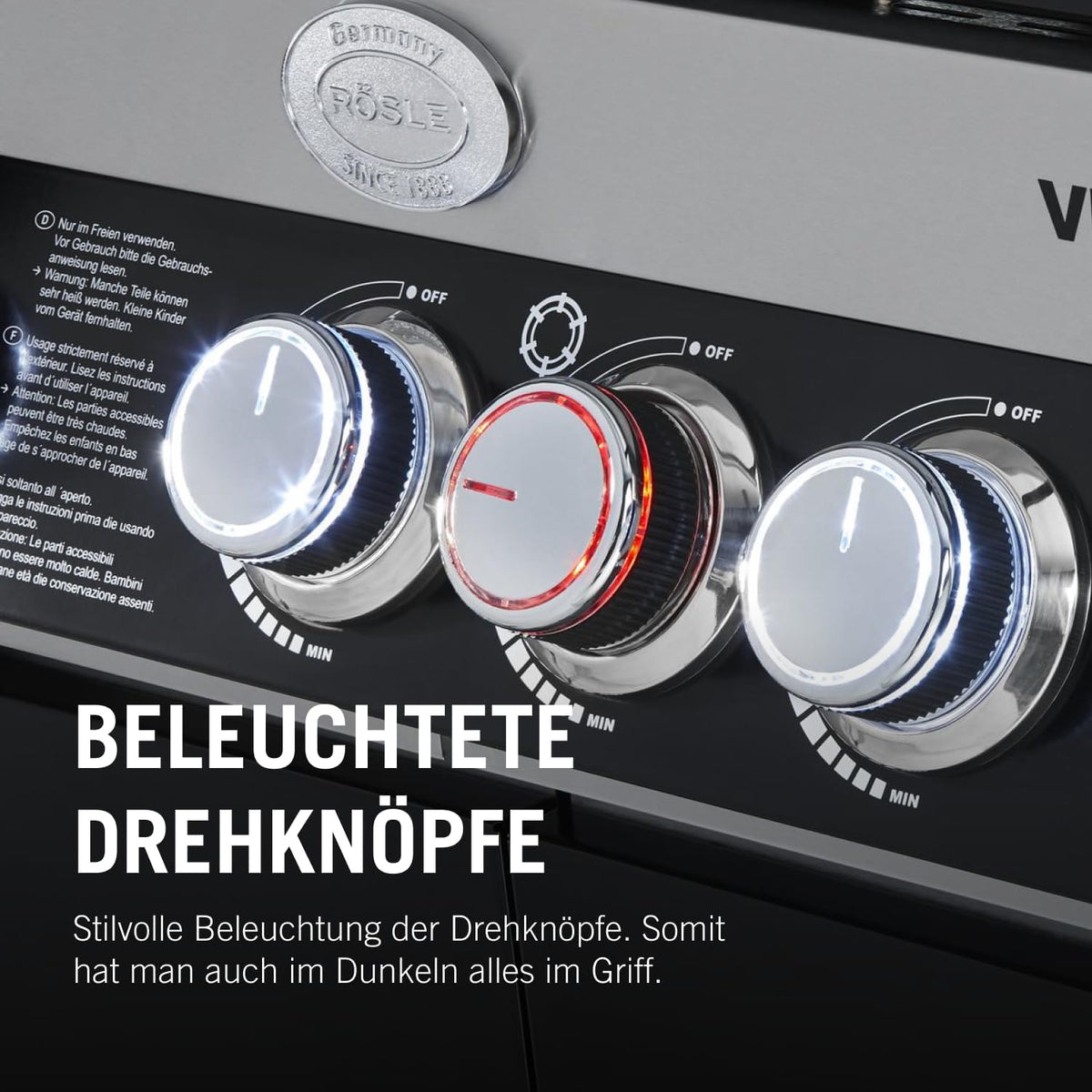 RÖSLE Elektrogrill BBQ-Portable Videro E2-P, tragbarer Tischgrill mit 2 Brennern, Warmhalterost und Deckel mit Glaseinsatz, pulverbeschichteter Stahl, schwarz/silbern