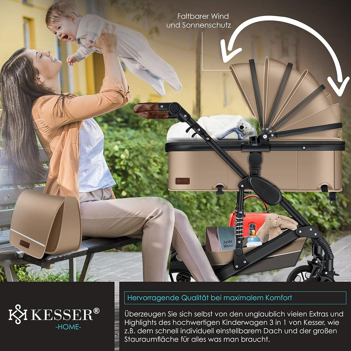 KESSER Loops 3 in 1 Kinderwagen Kombikinderwagen Komplett-Set inkl. Babywanne & Buggy Sportsitz & Auto-Babyschale Voll-Gummireifen Wickeltasche Regenschutz Kindertisch ECE R129, Schwarz/Champagne