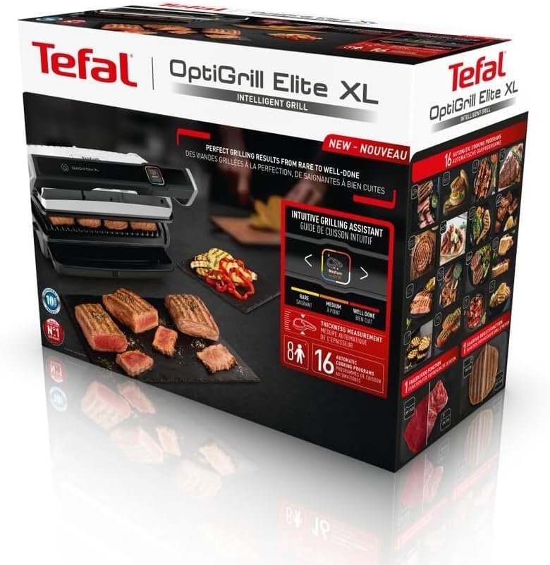 Tefal OptiGrill Elite XL Kontaktgrill, automatische Garzeitanpassung, perfekte Ergebnisse, 16 Programme, digitales Display mit Garstufenanzeige, abnehmbare XL-Platten, Elektrogrill, schwarz, GC760812