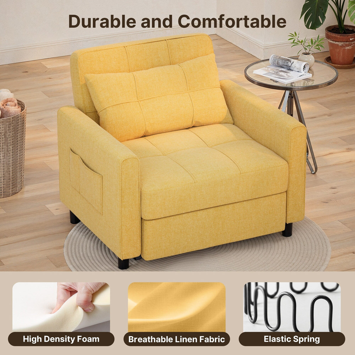 3-in-1 Adjustable Sleeper Sofa Bed, Pull Out Chair Sofa, Convertible Folding Bed for Living Room