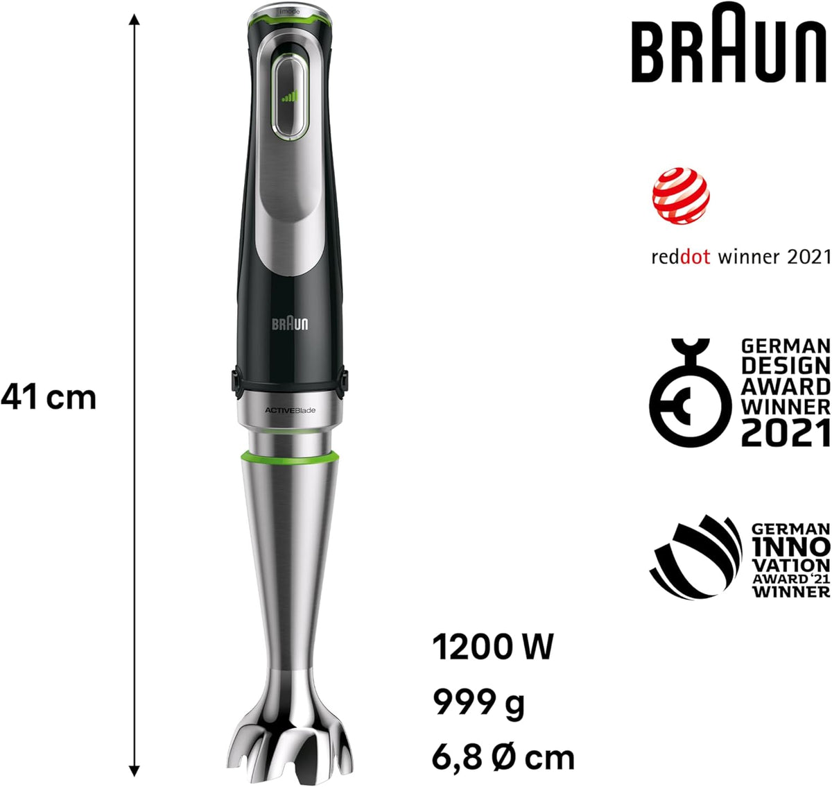 Braun MultiQuick 9 MQ 9187XLI Stabmixer – Pürierstab mit Active PowerDrive Technologie und 5 Zubehrteilen zum Zerkleinern, Stampfen, Rühren und Ice-Crushen, 1200 Watt, schwarz/Edelstahl