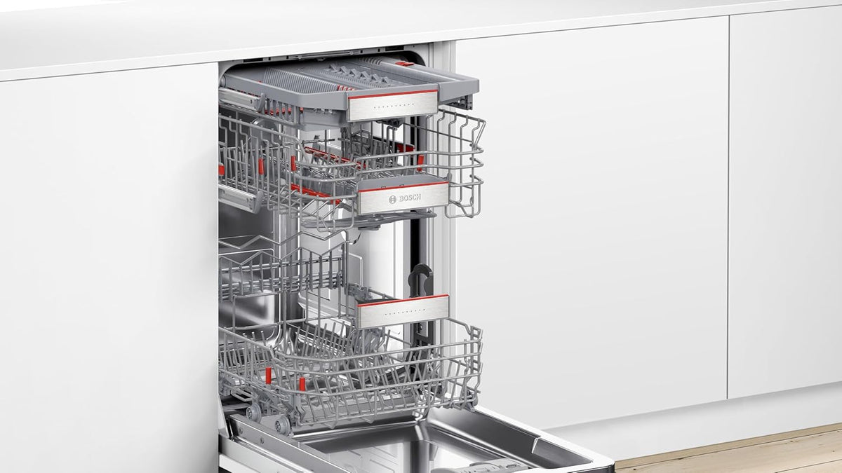 Bosch SPV2IKX10E Serie 2 Smarter Geschirrspüler vollintegriert, 45 cm breit, Besteckkorb, Extra Trocknen auf Knopfdruck, InfoLight roter Lichtpunkt am Boden, AquaStop Schutz gegen Wasserschäden, Weiß