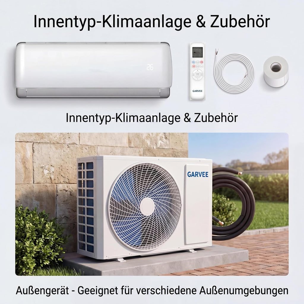 Garvee Klimaanlage Split mit App-Steuerung, 9000 BTU/h Kühlleistung (2600W), sehr leiser Betrieb, Energieeffizienz A++, inkl. Fernbedienung, Timer, Kältemittel R32, komplett mit Montagematerial, weiß