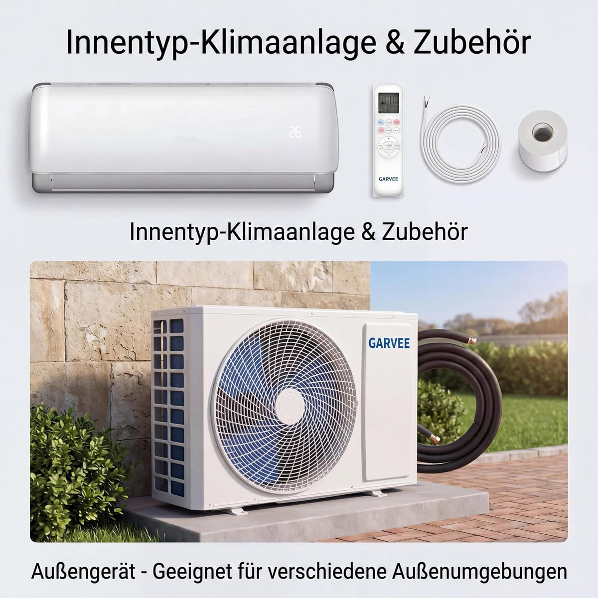Garvee Klimaanlage Split mit App-Steuerung, 9000 BTU/h Kühlleistung (2600W), sehr leiser Betrieb, Energieeffizienz A++, inkl. Fernbedienung, Timer, Kältemittel R32, komplett mit Montagematerial, weiß