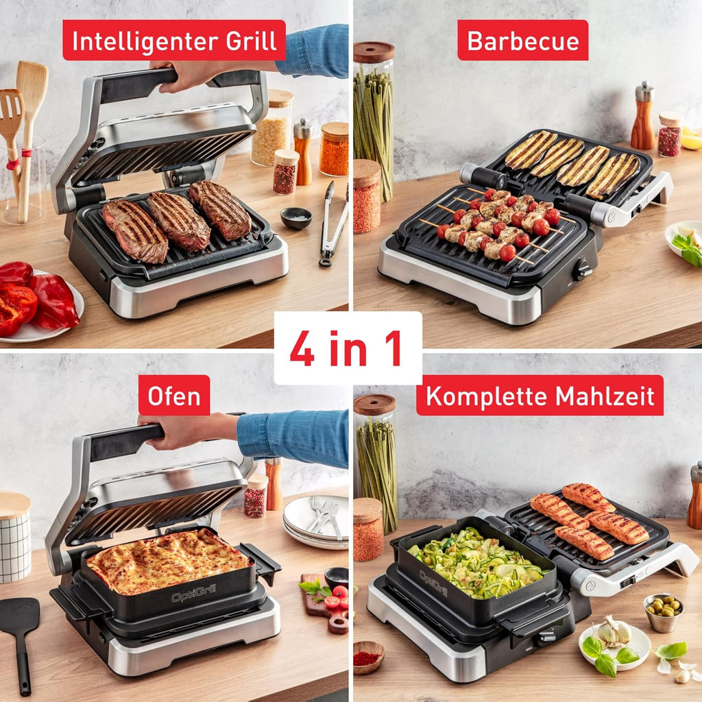 Tefal OptiGrill 4in1 Kontaktgrill mit Backschale, Aufklappbar, Tischgrill, 9 Programme, Garstufenanzeige, Elektrogrill, Backofen, GC776D10