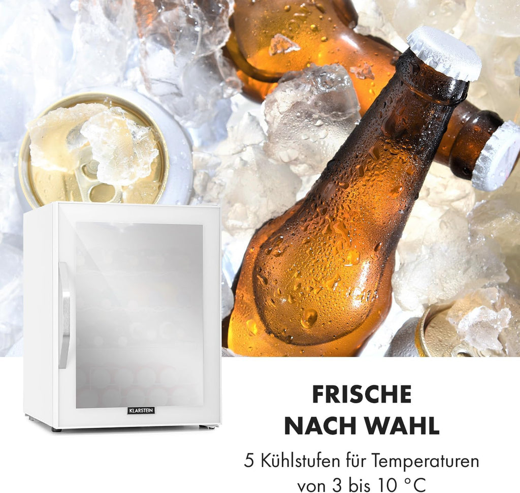 Klarstein Mini Kühlschrank mit Glastür für Zimmer, Getrnkekühlschrank mit Verstellbaren Ablagen, Kleiner 80 Liter, Indoor/Outdoor Kühlschrank Leise