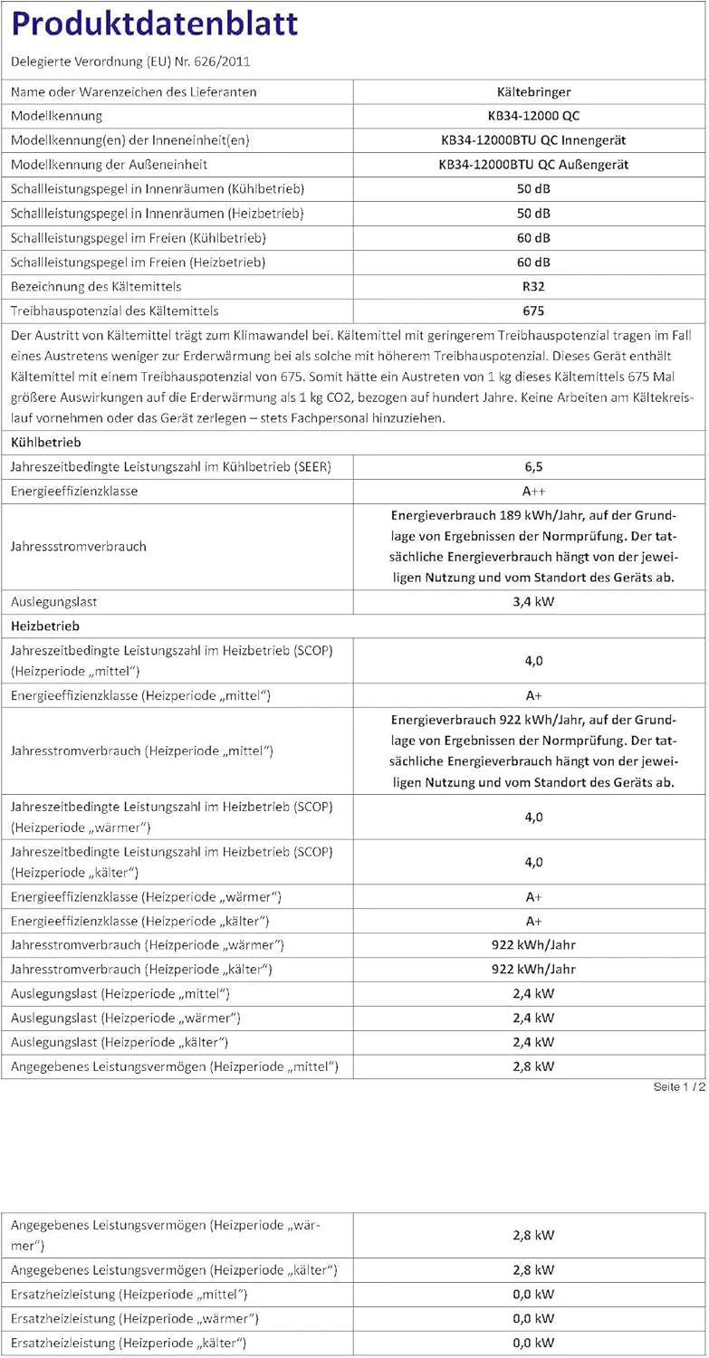 Kältebringer Split Klimaanlage Quick Connect - 12000 BTU (3,4 kW) Klimagerät mit Heizfunktion, WiFi & App, bis 91qm, sehr leise - 5m Kupferleitung, Kältemittel R32, Montagematerial, Wandhalterung