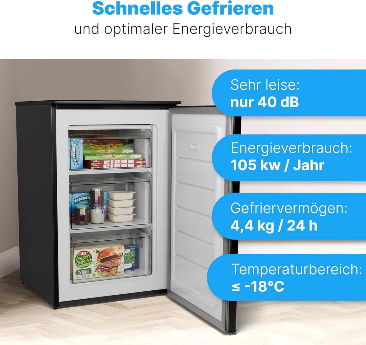 Bomann® Gefrierschrank 87L | Gefrierschrank klein mit Temperaturbereich ≤ -18°C | 3 Schubladen | Tiefkühlschrank mit wechselbarem Türanschlag | Freezer Tiefkühlschrank klein GS 7253 weiß