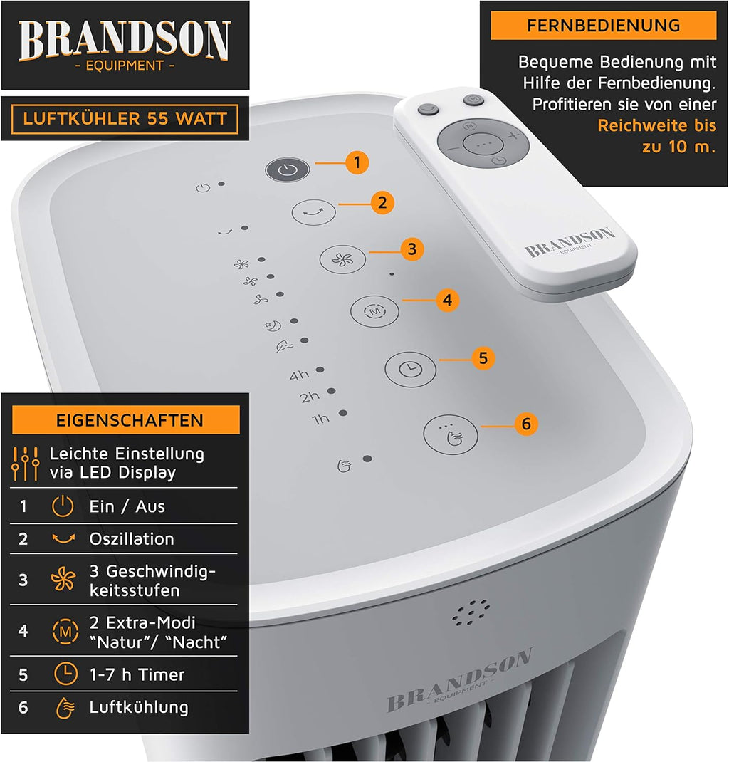 Brandson - Luftkühler mit Wasserkühlung 5 in 1 - Verdunstungskühler, Luftbefeuchter, Ventilator & Luftreiniger, mobile Klimaanlage ohne Abluftschlauch - Preisträger 2025 - leise - 5L Wassertank