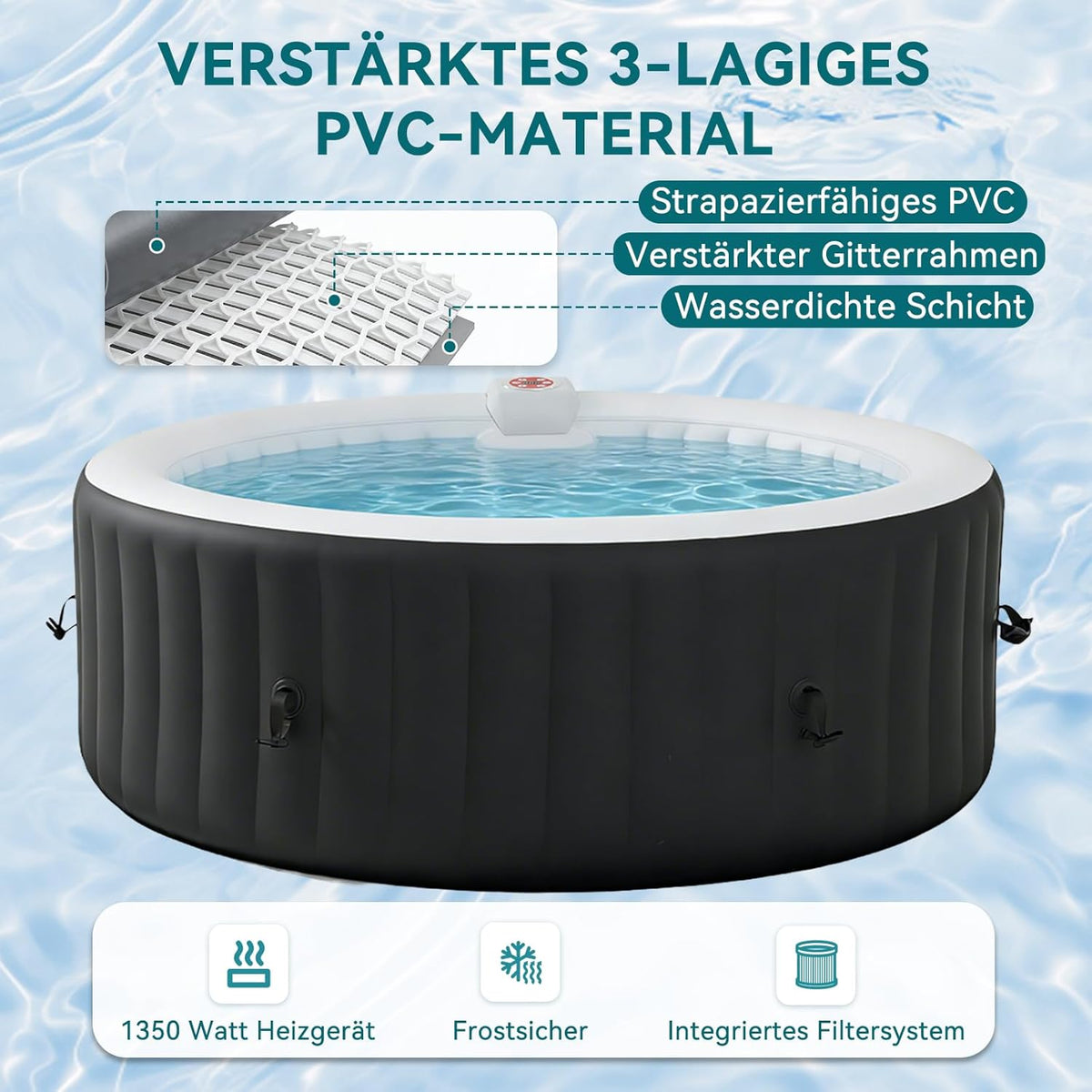 Aoxun Aufblasbarer Whirlpool für 2-4 Personen, 208x208 cm großes Whirlpool Outdoor mit 130 Luftdüsen, 1800W Portable Badewanne mit Abdeckung & Filter, aufblasbare Badewanne für Garten Terrasse