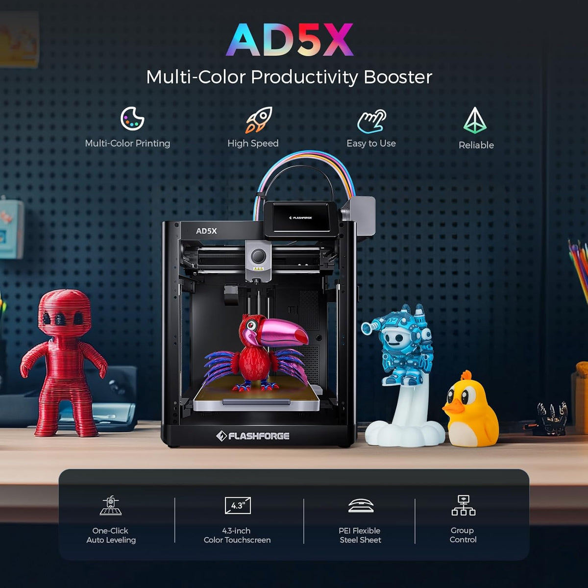 Flashforge Adventurer 5X 3D-Drucker mit Mehrfarbendruck, Anpassbar mit IFS,AD5X 3D-Drucker für mehrere Materialien,Vollautomatische Nivellierung,Maximale Geschwindigkeit: 600mm/s,Unterstützt PETG CF