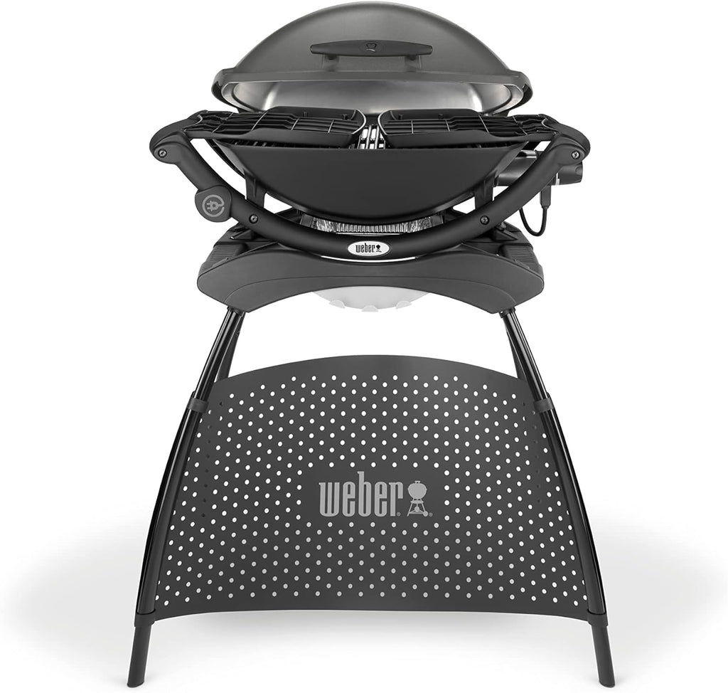 Weber Q2400 Elekrogrill mit Stand + Seitentischen, 54 x 39cm Grillfäche, portable, 2-geteilter porzellanemaillierter Guss-Grillrost, Aluminiumguss Deckel & Gehäuse - Dark Grey (55020879)
