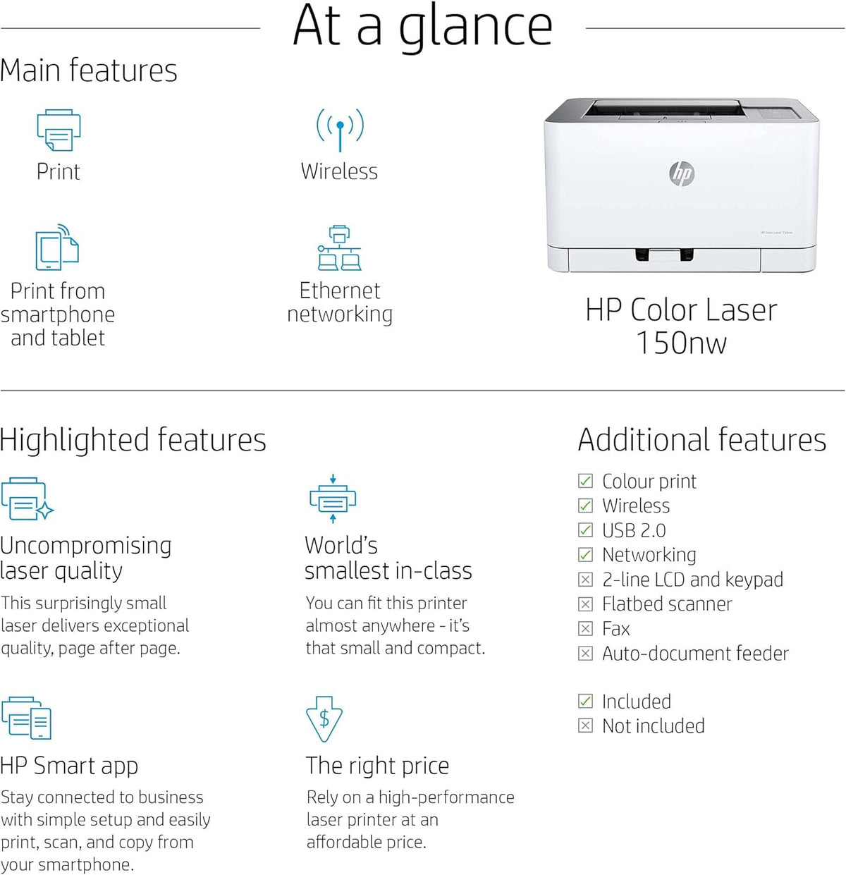 HP Color Laser 150nw Farb-Laserdrucker (Drucker, USB, LAN, WLAN),weiß-grau