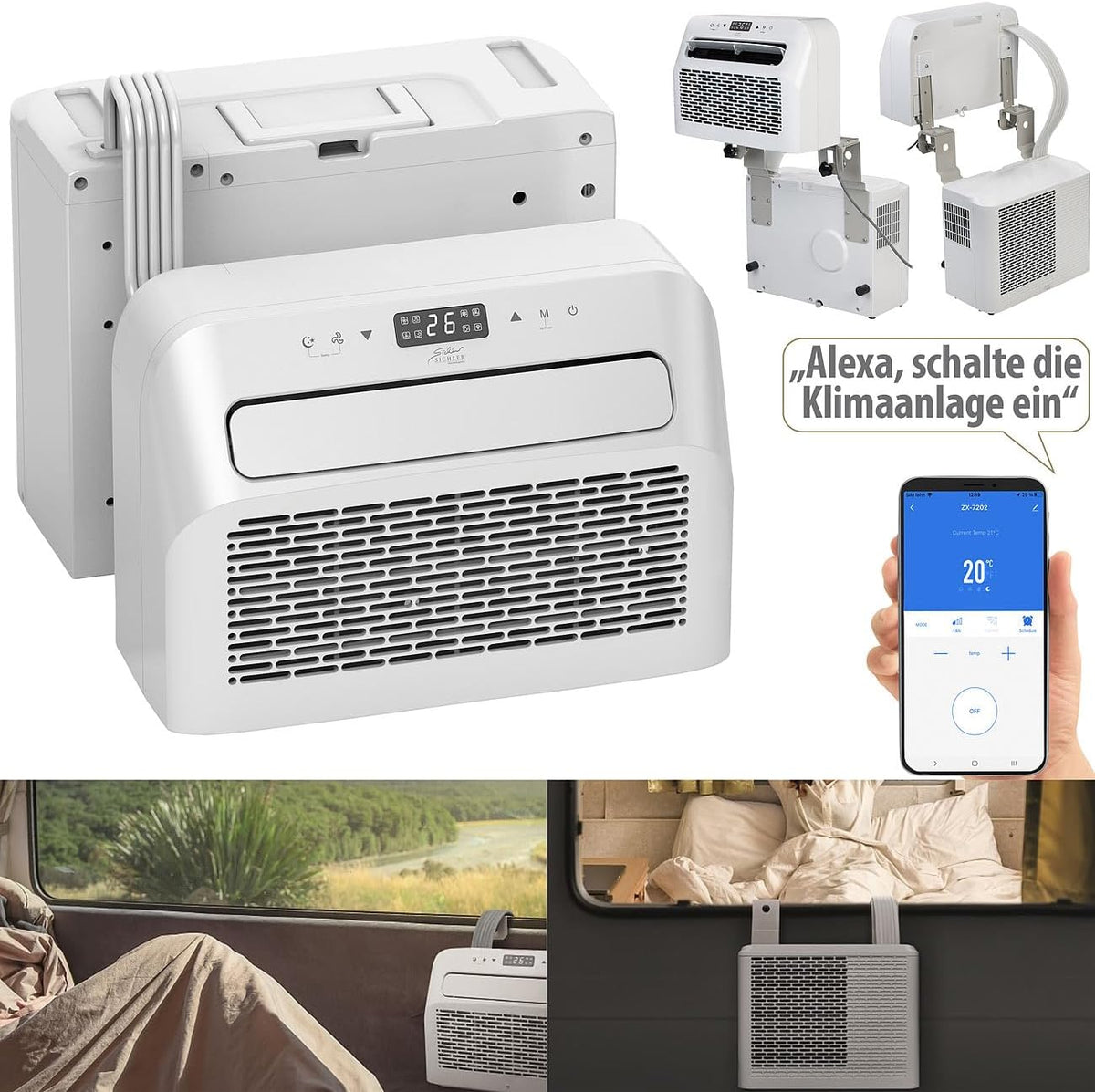 Sichler Haushaltsgeräte Klimaanlage Wohnwagen: Mobile Split-Klimaanlage, Entfeuchterfunktion, WLAN & App, 5.000 BTU/h (Wohnmobil, Mini Split, PCs)