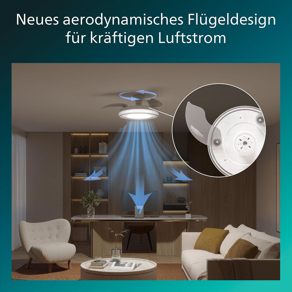 Philips Bliss Deckenventilator mit LED-Licht und Einziehbaren Flügeln, 3 Flügel, 106 cm Flügelspannweite, 4.500 Lumen, Einstellb. Licht (3.000 K bis 6.500 K), Dimmbar bis 5%, Inkl. Fernbedienung, Weiß
