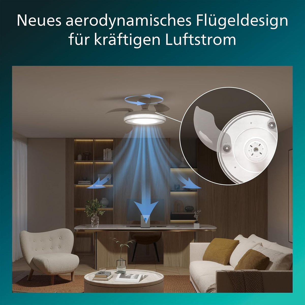 Philips Bliss Deckenventilator mit LED-Licht und Einziehbaren Flügeln, 3 Flügel, 106 cm Flügelspannweite, 4.500 Lumen, Einstellb. Licht (3.000 K bis 6.500 K), Dimmbar bis 5%, Inkl. Fernbedienung, Weiß
