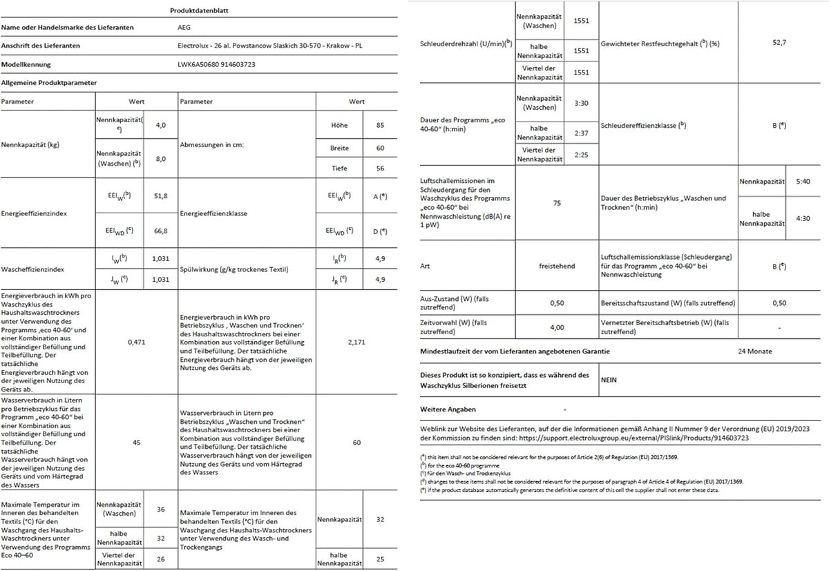 AEG L7WBA60680 Waschtrockner / DualSense - schonende Pflege / 8 kg Waschen / 5 kg Trocknen / D / energiesparend / Mengenautomatik / Nachlegefunktion / ProSteam - Auffrischfunktion / 1600 U/min Weiß